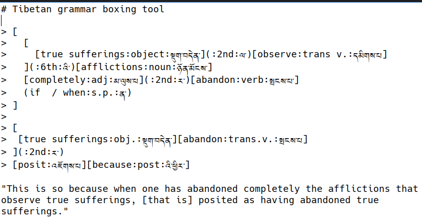 Example of Tibetan input format, where Tibetan text is marked up by being put into brackets and parentheses.